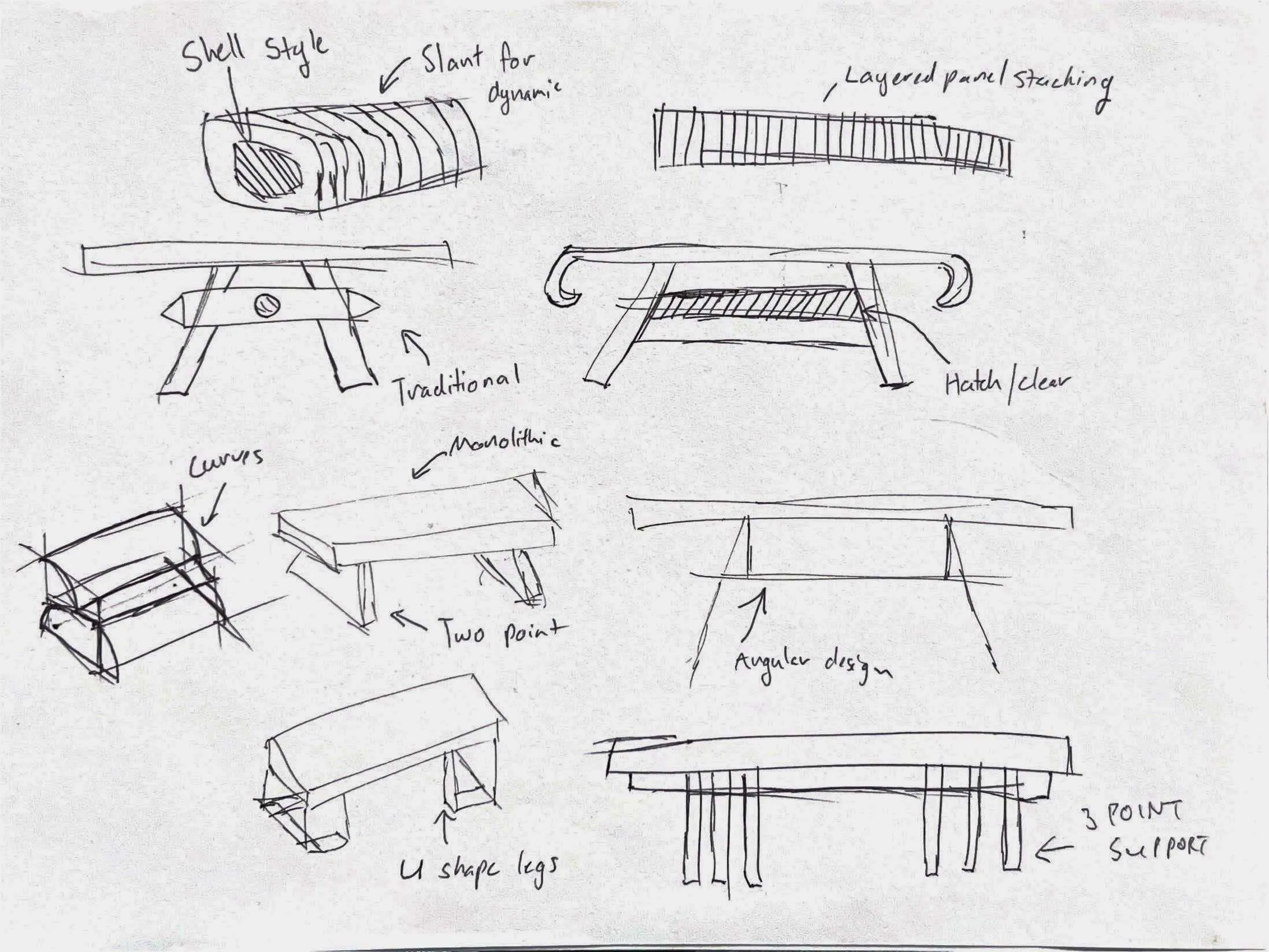 Concept sketches exploring bench forms, leg geometry and shell-composite panel joints.