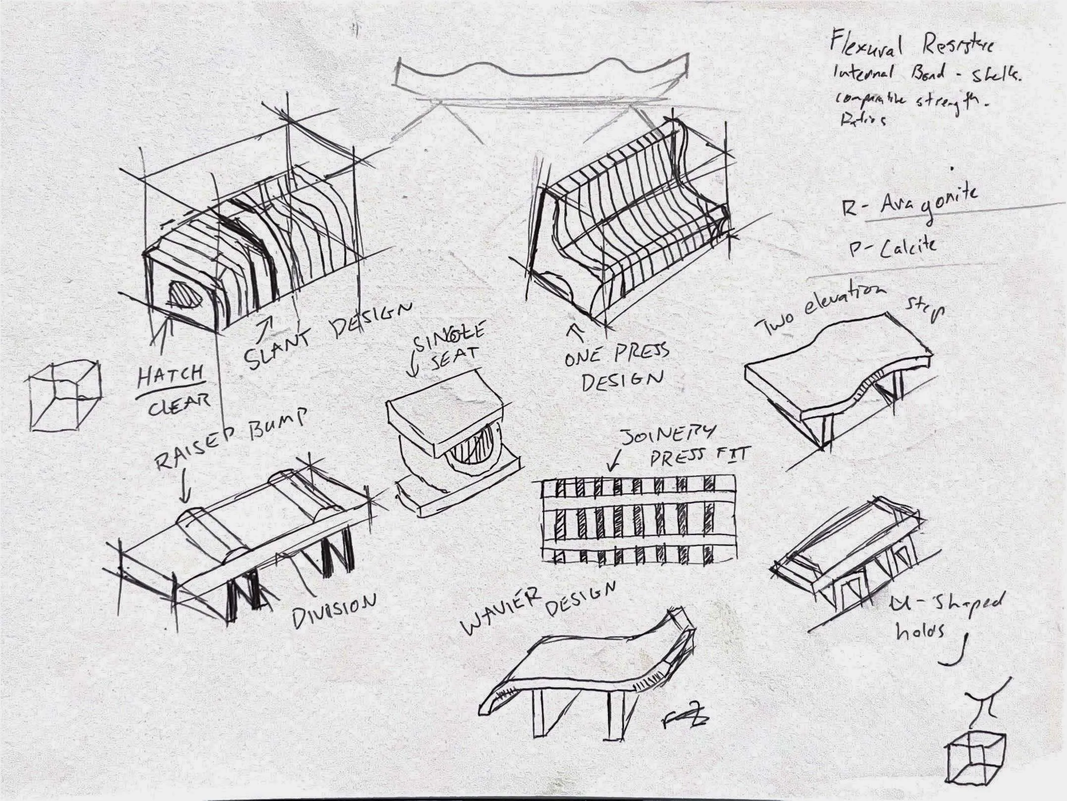 Concept sketches exploring bench forms, leg geometry and shell-composite panel joints.