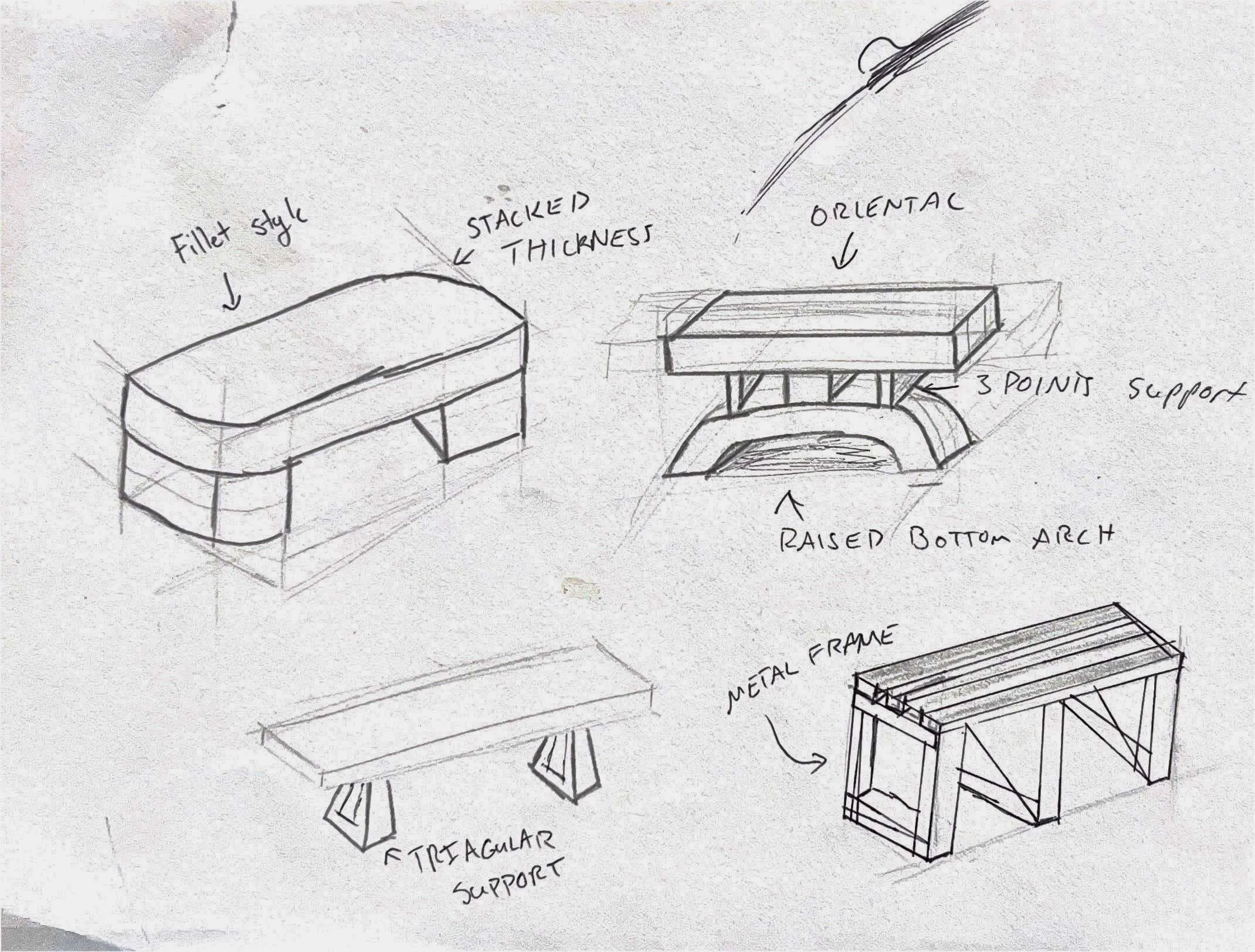 Concept sketches exploring bench forms, leg geometry and shell-composite panel joints.