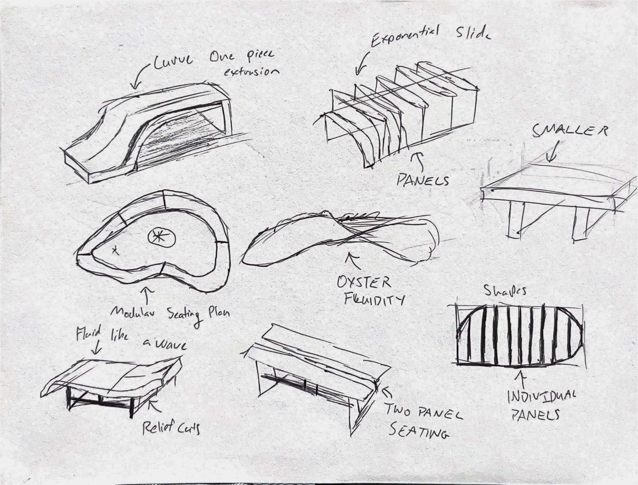 Concept sketches exploring bench forms, leg geometry and shell-composite panel joints.